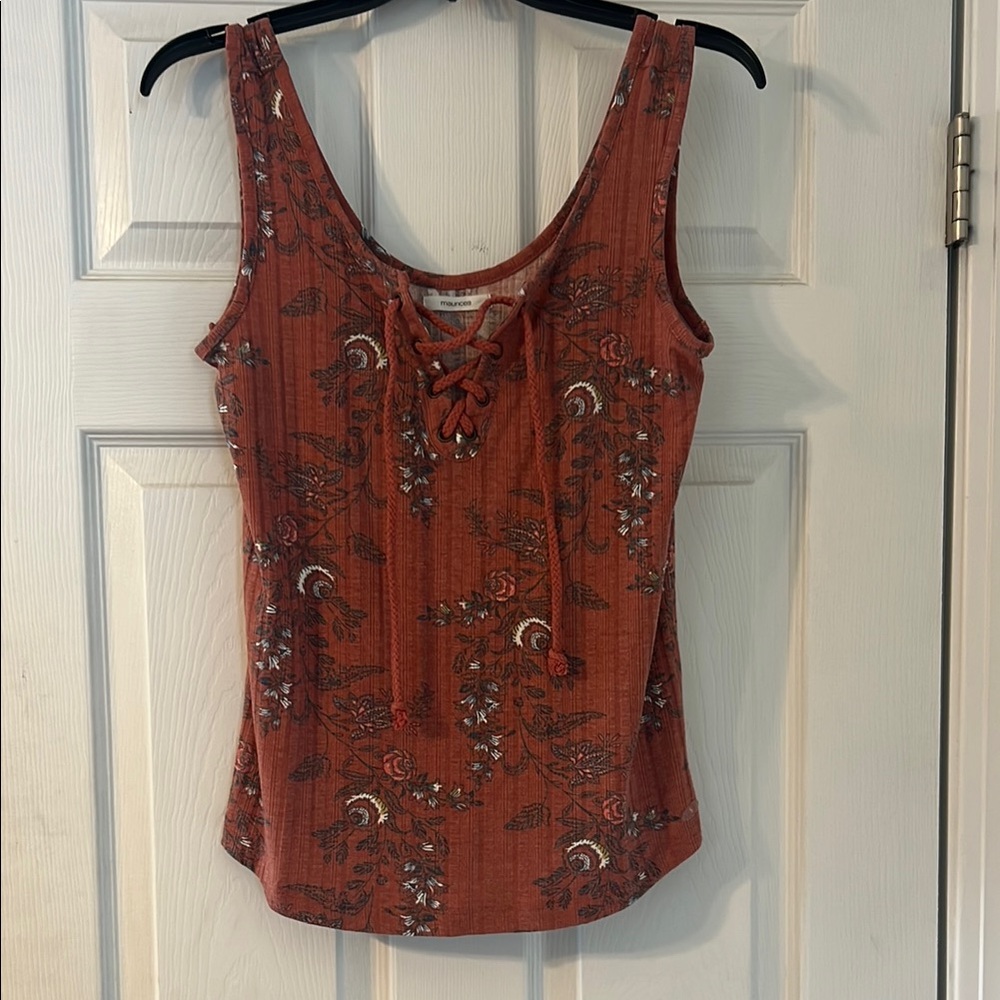 Floral Lace-Up Rust Tank Top